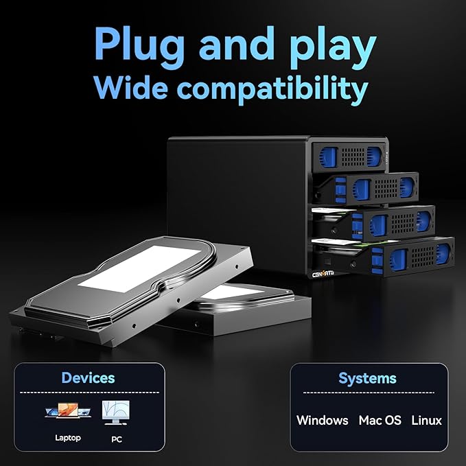 CENMATE Aluminum 4 Bay 10Gbps HDD Enclosure with Cooling Fan for 2.5“/3.5" SATA HDD/SSD with USB A/C 3.2 Gen 2, Support Hot Swappable, Tool-Free Hard Drive Enclosure