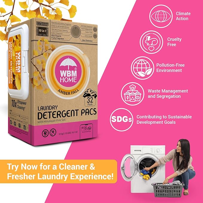 WBM Home Laundry Detergent Pods, Total 128 Count | Amber Fall Fragrance | 10 in 1 Laundry pods Detergent Ultra Power Cleaning with Plant-Based Scent, Extra Protection With 4D Stain Remover