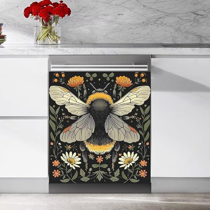 Flower and Bee Wallpaper Dishwasher Magnet Cover Sticekr,Refrigerator Magnet Cover Decal Fridge Microwave Stickers Kitchen Decor,23W x 26H inchs