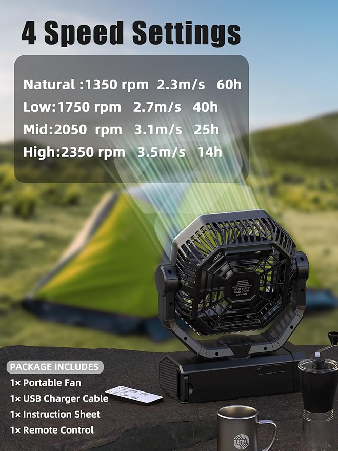Portable Rechargeable Fan - 9-Inch Camping Fan for Tent, 24000mAh(60Hrs) Battery Operated Fan for Camping, Auto Oscillation Cordless Fans, Tent Fans with Remote/Light, 4 Speeds, 4 Timing, Outdoor