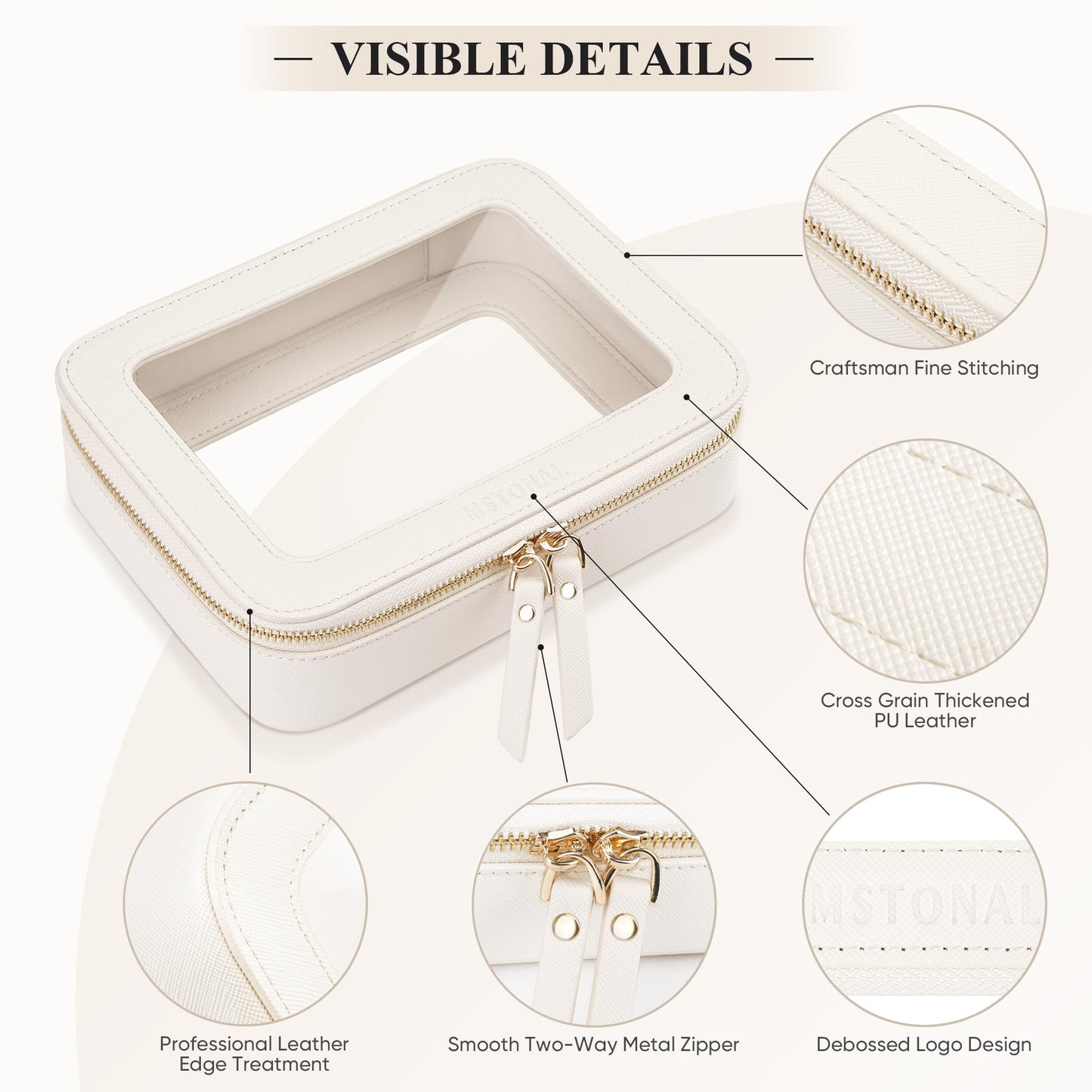 MSTONAL Clear Makeup Bag, Travel Toiletry Bag Cosmetic Case for Women, Waterproof Portable Make Up Skincare Pouch with Zipper, Compact Car Organizer Bag for Essentials, Mini & Medium, Ivory White