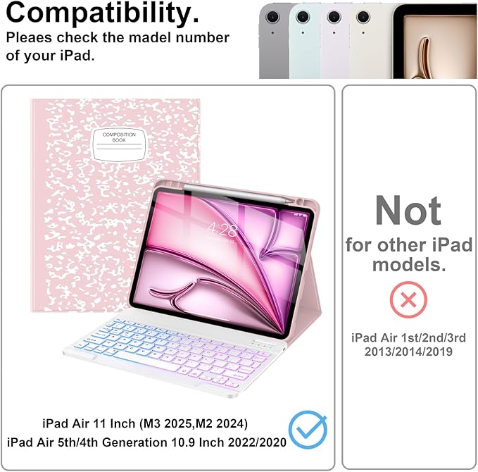 Supveco Keyboard Case for iPad Air 11 Inch (M4 2026,M3 2025,M2 2024),iPad Air 5th/4th Generation with Pencil Holder-7 Colors Backlit Wireless Detachable Folio Keyboard Cover -Pink