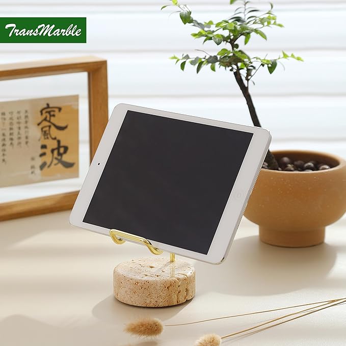 TransMarble Marble Phone Stand with Metal Holder, Charging Available While Using, Swipe Up to Unlock, Made of Natural Marble as Business Card Holder for Office Desk (Travertine Beige + Gold)