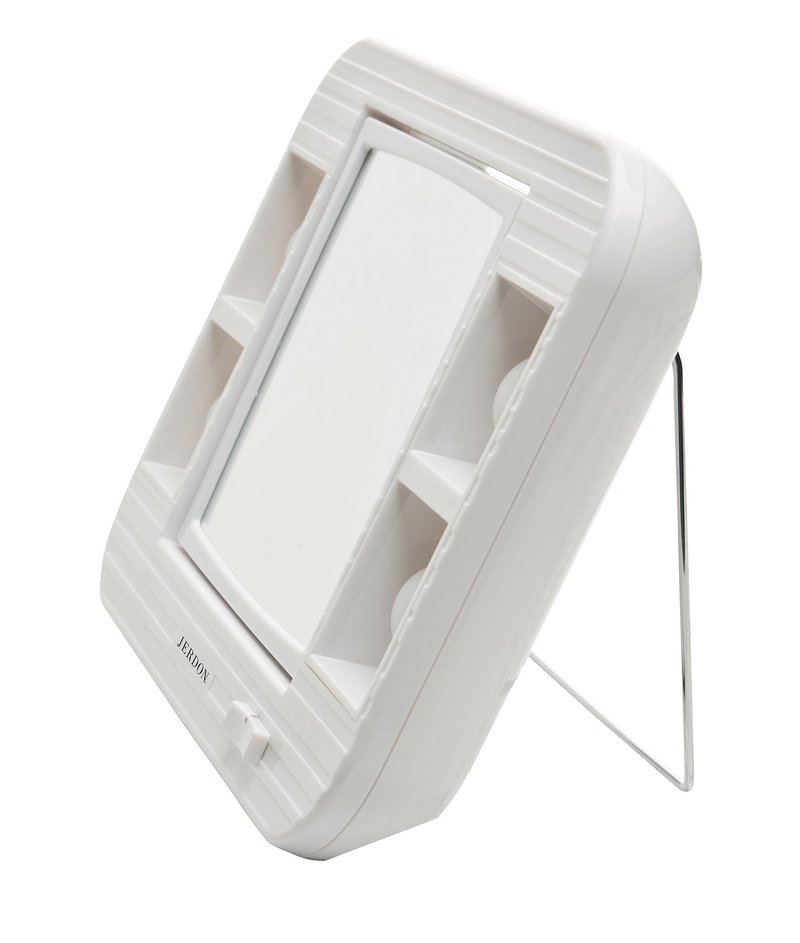 JERDON Two-Sided Makeup Mirror with Lights - Vanity Mirror with 5X Magnification & Two Setting Glare-Free Lighting - White Base - Model J1015