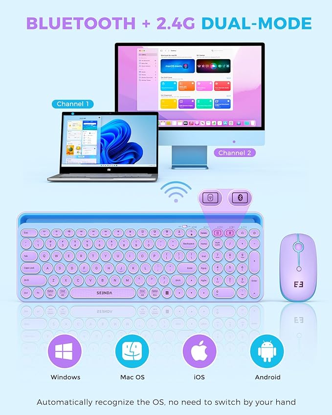 seenda Bluetooth Keyboard and Mouse for iPad, CTU-301 Wireless Multi-Device Connection Bluetooth+2.4G Keyboard Mouse Combo with Tablet Holder for iPad/Macbook/Windows, iOS/Android/Phone, Blue & Purple