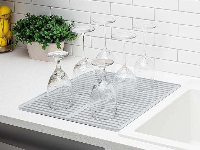 WeatherTech DishMat Contain - 16" x 18" Drip Dry Hand-Washed Dish Drying Mat, Pebble