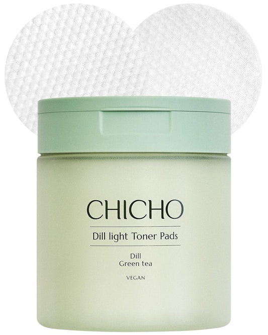 CHICHO Dill Light Toner Pads (80 Pads) – Jumbo 7cm OEKO-TEX Standard 100 Class I 100% Cotton Dual-Sided Pads for Rough Texture & Makeup Prep – 82.9% Dill Extract, Face Exfoliating and Moisturizing