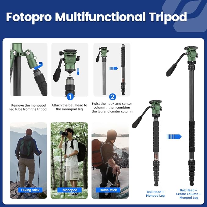 Fotopro 62" Carbon Fiber Camera Video Tripod, 2.3lbs Lightweight Travel Compact Tripods with Fluid Head, Detachable Monopod with Arca-Swiss Quick Release Plate, Load up to 11lbs,Compatible with DSLR