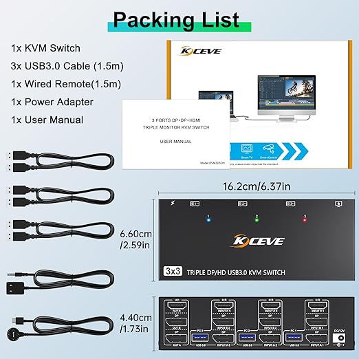 KVM Switch 3 Monitors 3 Computers 8K@60Hz, MLEEDA HDMI + 2* Displayport Triple Monitor KVM Switch with 4 USB 3.0 Ports for Keyboard Mouse Printer, Wired Remote and Power Adapter Included