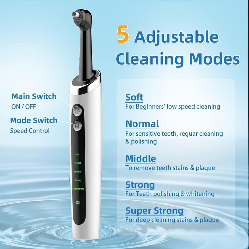 Tooth Polisher - LED Plaque Remover with 5 Speed Modes | Teeth Cleaning Kit with 5 Replacement Brush Heads