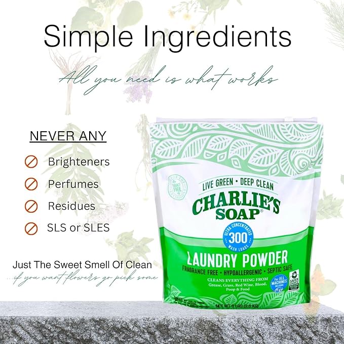 Charlieâs Soap Laundry Powder (300 Loads, 4 Pack) Fragrance Free Hypoallergenic Plant Based Deep Cleaning Laundry Powder â Biodegradable Eco Friendly Sustainable Laundry Detergent