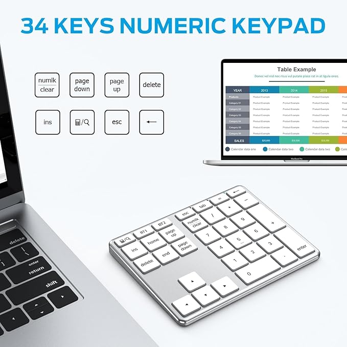 iClever Bluetooth Number Pad, Aluminum 34-Key Wireless Numeric Keypad, USB-C Rechargeable Numpad Keyboard for Data Entry and Accounting, Compatible with Laptop, Mac, Surface Pro, PC Desktop