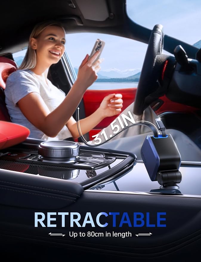 EWITGO Retractable Car Charger, Car Accessories, 72W Fast Charging USB C Car Charger with 4FT Retractable Cables and 2 Ports, for iPhone 16 15 14 13 12, Samsung etc Dark Blue