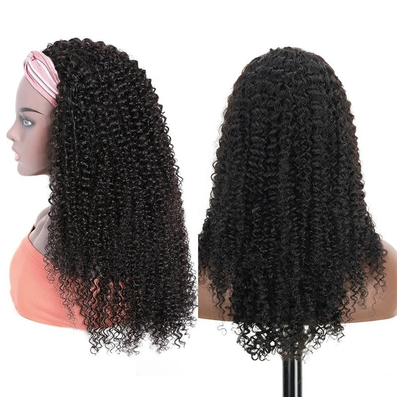 XSY Curly Headband Wig Human Hair 14 Inch Kinky Curly Headband Wigs for Black Women None Lace Front Wig 150% Density Natural Black Color