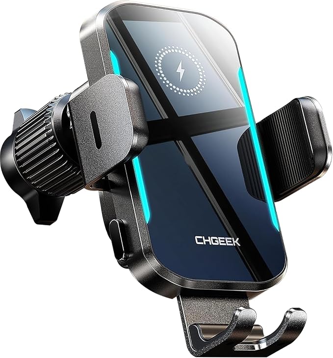 CHGeek Wireless Car Charger, 15W Fast Charging Auto-Clamping Phone Mount, Air Vent Holder with Blue LED for iPhone 17/16/15/14/13, Samsung S24/S23/S22 (Knight Black)