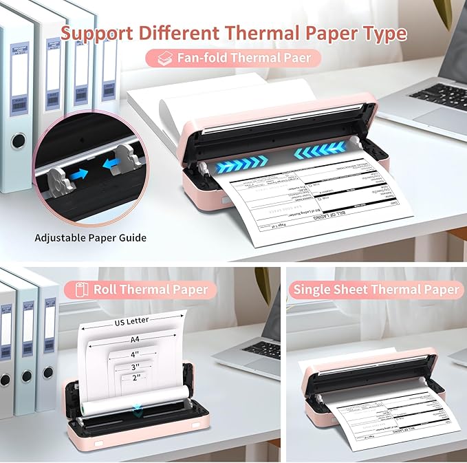 Gloryang Inkless Portable Printer for Travel, Wireless Thermal Printer Supports 8.5 x 11 Inch US Letter Size, Bluetooth Machine Includes Carry Case and 3 Rolls of Thermal Paper Kit, Pink