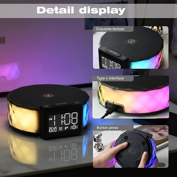 YIDPU Alarm Clock with Fast Wireless Charging 15W,Digital Alarm Clock Night Lamp for Bedroom, RGB Nightlight for 5 Colors,Snooze Mode,8 Types of Music with Cable (Black)
