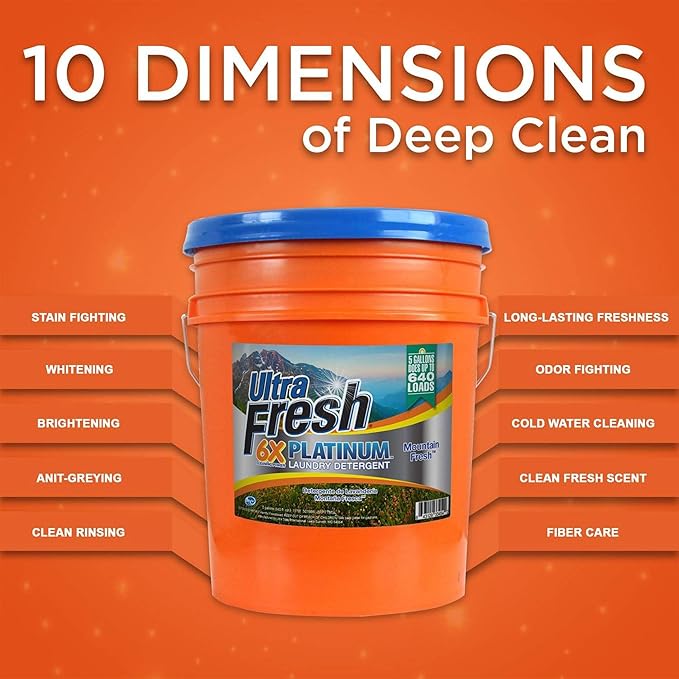 Ultra Fresh 6X Platinum 5 Gallon Laundry Detergent Liquid for All Machine Types with Easy Dispensing Pump, Up to 640 Loads, Mountain Fresh (5 Pack)