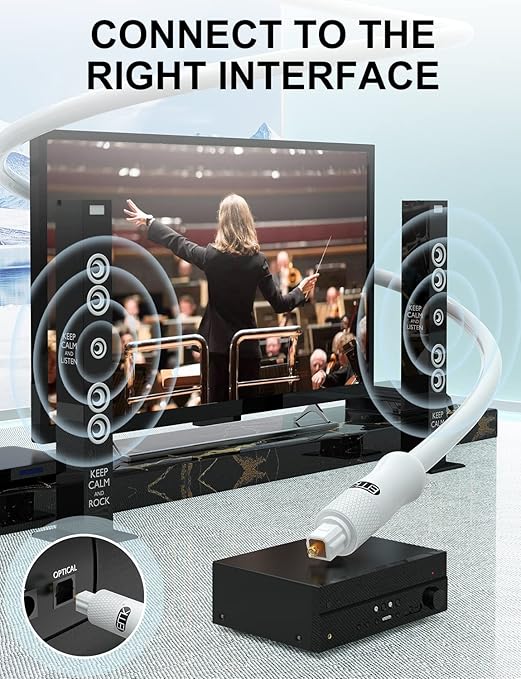 EMK White Optical Audio Cable [4ft/1.2M] - Digital SPDIF Toslink Fiber Optic Cable for Sound Bar, TV, Home Theater, Blu-ray Player - White, High-Speed, Low-Loss, Gold-Plated Connectors
