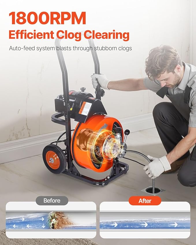 VEVOR Drain Cleaning Machine 50 FT x 1/2 Inch, Sewer Auger Auto Feed with 4 Cutter & Air-activated Foot Switch for 1" to 4" Pipes, Orange, Black