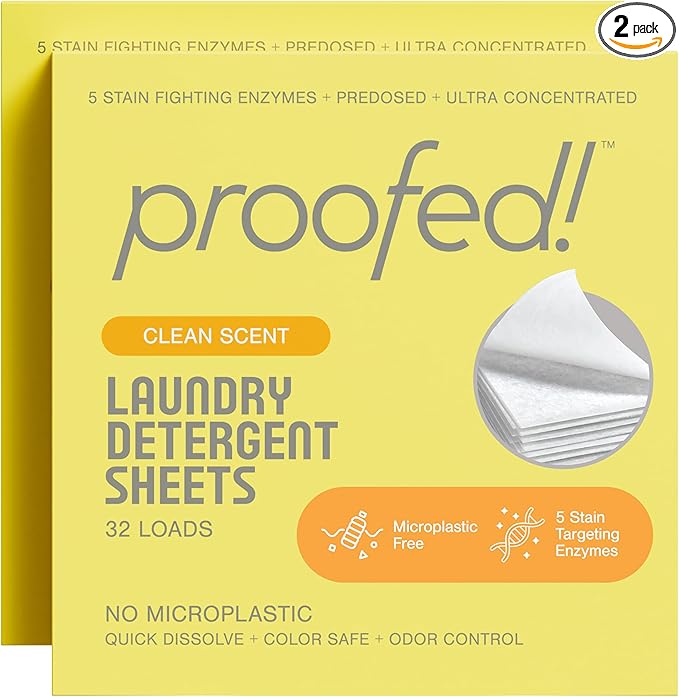 Proofed! Laundry Detergent Sheets, 64 Count, Clean Scent, The Only 100% Plastic-Free Sheet, No PVA or PVOH, Hypoallergenic, Bio-Based Ingredients, Made in USA, 2 Boxes