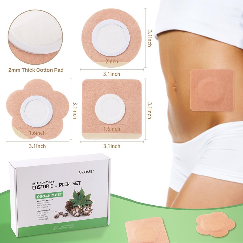 Castor Oil Pack Wrap for Belly Button with 4oz Organic Castor Oil in Glass Bottle, Highly Absorbent Cotton Belly Button Patches Self Adhesive (60pcs belly pack with oil)