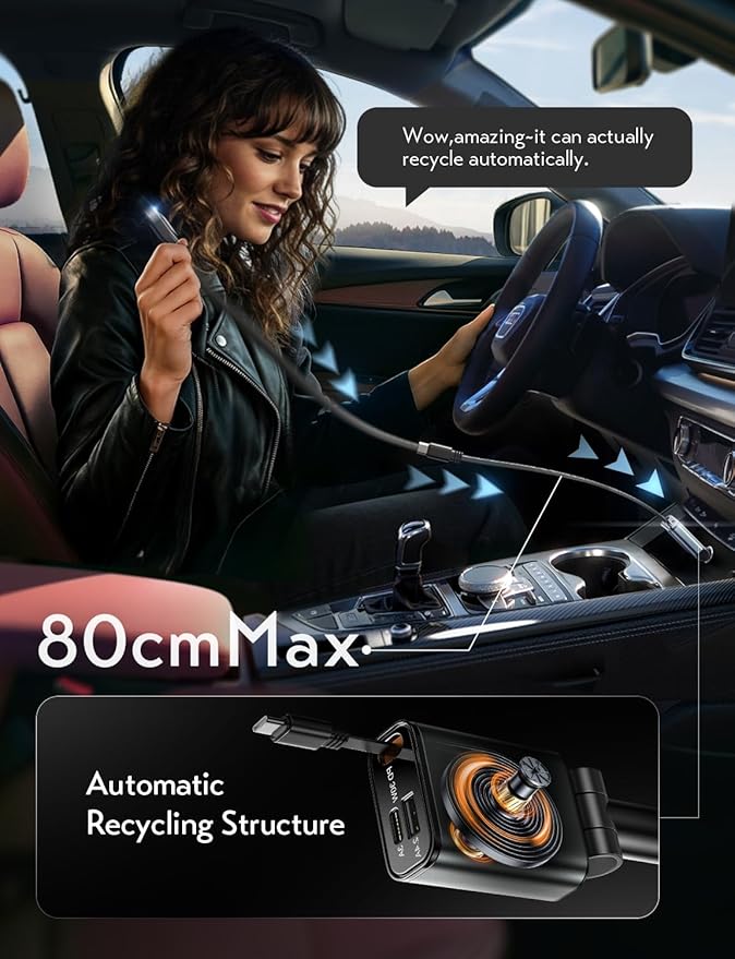 LISEN Retractable Car Charger, Car Charger USB C Fast Charge【98% Less Space,Mini】 57W Fast Charger for iPhone 17 16 15 Pro Max Plus Air, RV Electronics Interior Sets Car Accessories