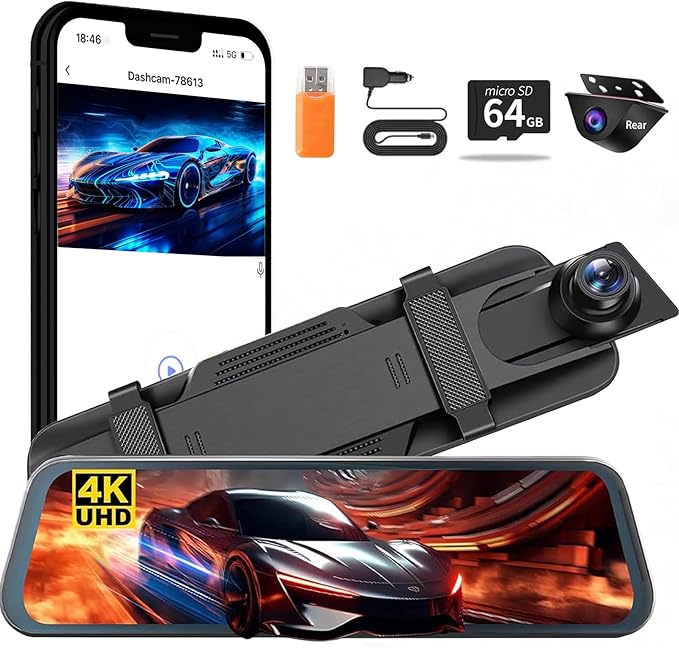 Mirror Dual Dash Camera for Car, Dashcam 4K Front 2.5K IMX335 Rear View/ADAS BSD LCA Wi-Fi&APP WDR Night Vision G-Sensor Loop Recording Parking Monitor 64GB Card