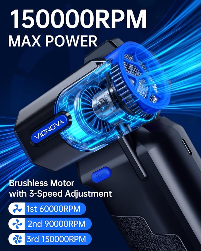VICNOVA Compressed Air Duster, 150000RPM Brushless Motor Cordless Electric Air Blower, 3-Gear Rechargeable Air Duster with LED Light for PC, Computer, Laptop, Keyboard, Car Cleaning, Gifts for Men