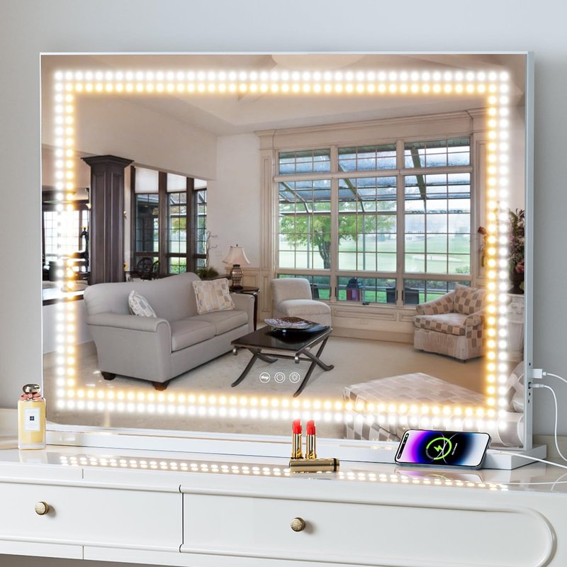 Vanity Mirror with Lights Tempered Glass 22.8" x 18.1" Lighted Makeup Mirror with Light Strip Crushed Crystal 3 Colors Modes Dimmable Lights USB Port and 10X Magnification, White (9.84" x11.81")