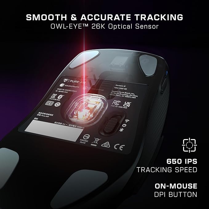 Turtle Beach Pure Air Wireless RGB Gaming Mouse, Ultra-Light 54g Ergonomic Design, 26000 DPI Optical Sensor, 125-Hour Rechargeable Battery, Dual Wireless + Bluetooth, Titan Optical Switches – Black