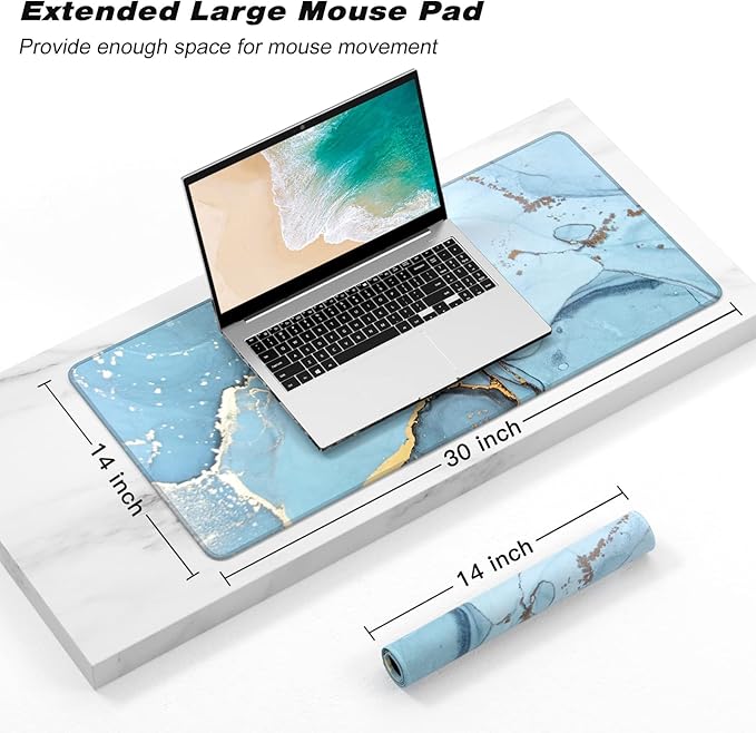 Atufsuat Extended Gaming Mouse Pad, XXL Large Desk Pad 30 x 14 Inch, Big Computer Keyboard Mousepad, Waterproof Mouse Mat with Stitched Edges and Non-Slip Base for Women Office Gaming, Blue Marble