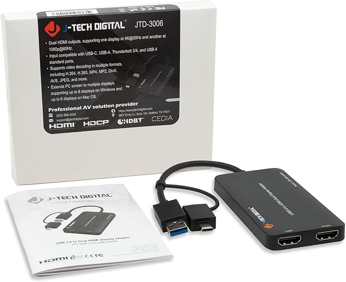 J-Tech Digital USB 3.0 (Type A/C) to Dual HDMI 4K 30Hz & 1080P 60Hz Display Adapter | Features USB-A or USB-C Inputs, USB Powered, Mirror, Extend, Rotation, Clamshell Modes [JTD-USB-2HDMI]