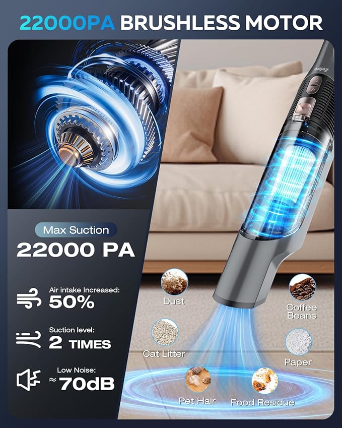 Zefiro Compact & Powerful Cordless Handheld Vacuum, Rechargeable Portable Car Vacuum for Car & Pet Hair, with XL Dust Cup, High-Suction, 2 Brushes & Filters, Long Runtime, Ideal Gift