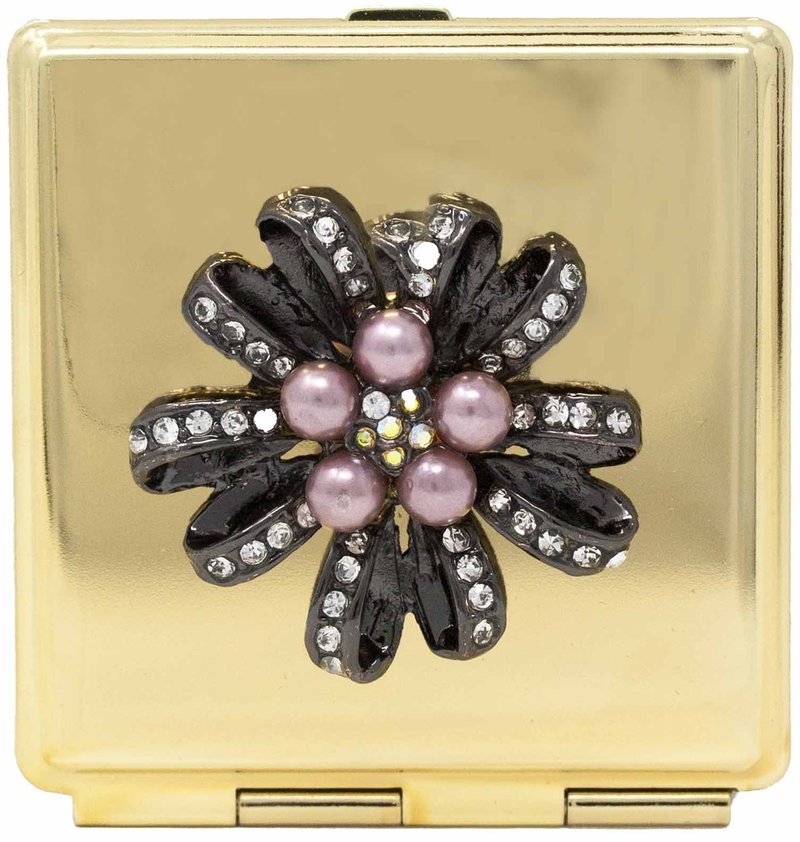 Folding Compact Pocket Makeup Mirror With Swarovski Rhinestone Crystals Double Sided (5x magnification + 1x magnification) (Golden Flower (Square))