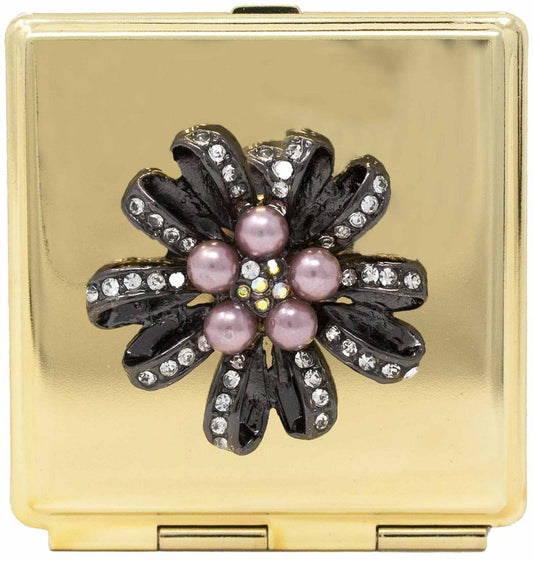 Folding Compact Pocket Makeup Mirror With Swarovski Rhinestone Crystals Double Sided (5x magnification + 1x magnification) (Golden Flower (Square))