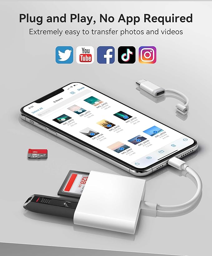 AkHolz SD Card Reader for iPhone iPad Built-in Lightening & USB-C Dual Connectors Card Adapter with SD MicroSD USB-A 3 Slots Trail Camera Memory Card Viewer, Portable No App Required Plug and Play