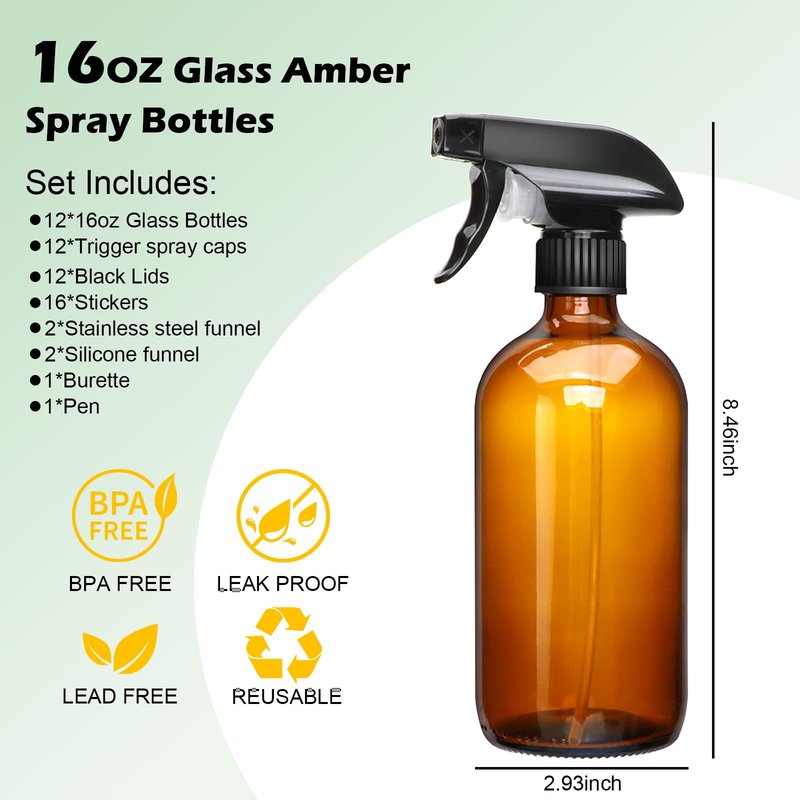 16oz Amber Glass Spray Bottles,Glass Spray Bottles for Cleaning,spray Bottle for Hair,Amber glass Spray Bottle for Window cleaner, plants, aromatherapy, facial hydration, hair care, flowers 12pcs
