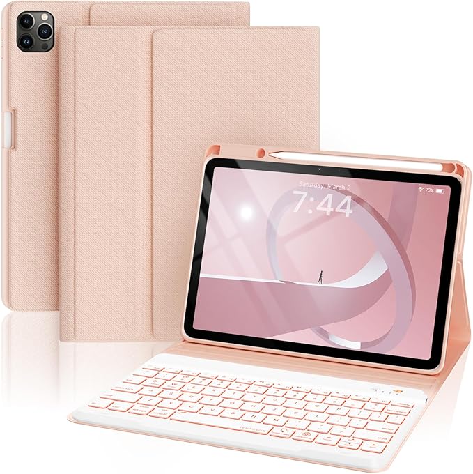 OPAKIT Keyboard Case for iPad Air 11-inch M2/Air 5th 4th Generation, 7-Color Backlit Detachable Keyboard Case with Pencil Holder for iPad Air 11" 2024 /Air 5 2022/Air 4 2020/Pro 11 1st, Rose Gold