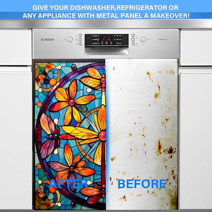 Colorful Dragonflies Dishwasher Cover Dishwasher Panel Decal, Stained Glass Window Fridge Skins Cover, Vinyl Home Appliance Decal 23" x 26" Ordinary