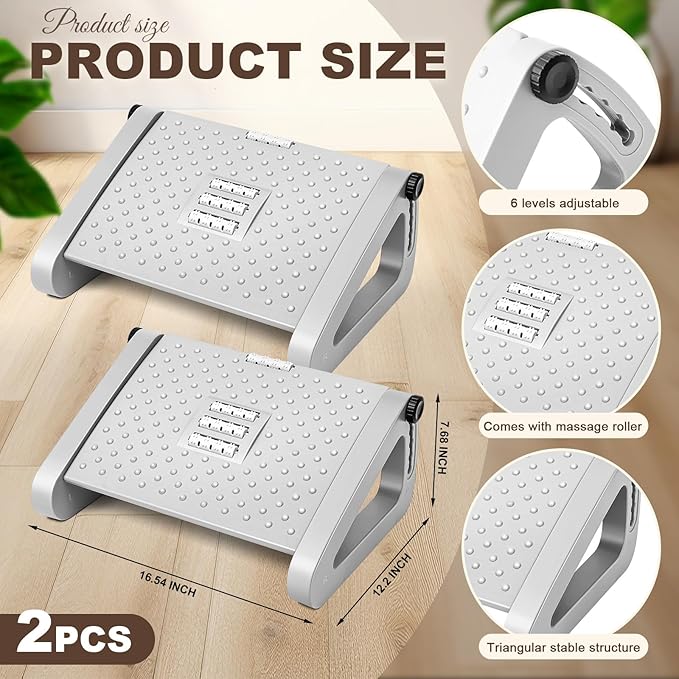 Beeveer 2 Pcs Foot Rest for Under Desk at Work, Ergonomic 6 Heights Adjustable Footrest with Massage Roller, Chair Footrest for Leg Rests for Office and Home Pressure Relief(Gray)