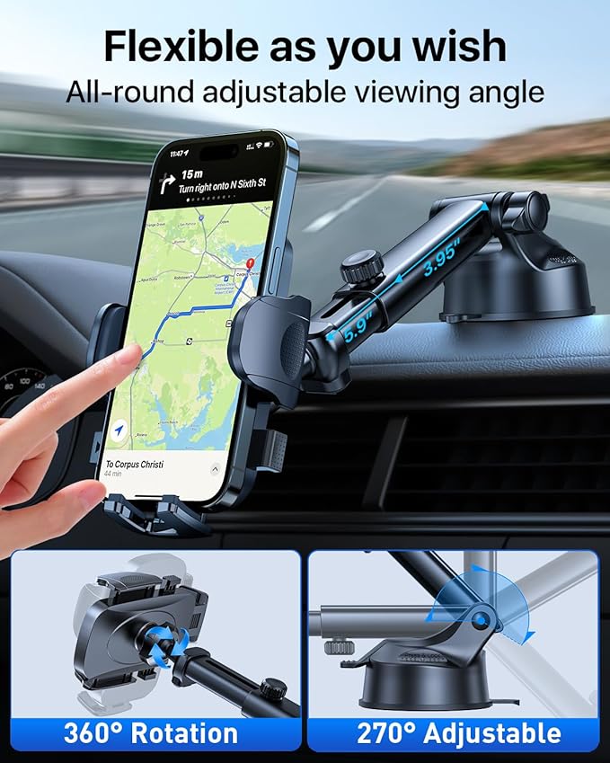 HTU Car Phone Holder【2026 Upgraded 100+LBS Suction & Safety Cert】 Cell Phone Car Mount for Truck Heavy Duty Phone Holder for Dashboard/Windshield/Vent for iPhone 17 16 Pro Max, Grey