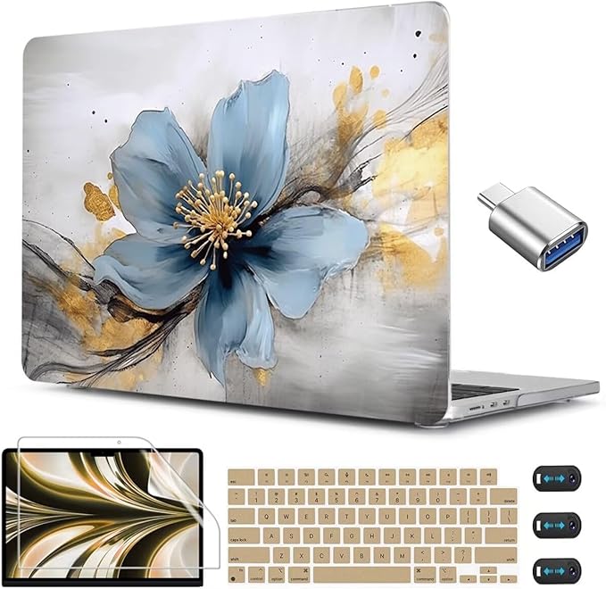 CISSOOK for MacBook Air 13.6 inch Case 2026 2025 2024 2023 2022 Release Model A3240 A3113 A2681, Hard Shell Cases with Keyboard Cover Type C Adapter for MacBook Air 13 M2 M3 M4 M5, Retro Golden Floral