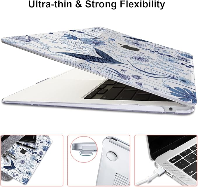 LCMOCICO Compatible with 2018 2019 2020 2021 MacBook Air 13 inch Case M1 A2337 A2179 A1932, Clear Printed Pattern Hard Shell Case & Keyboard Cover for Mac Air 13 M1 Touch ID, Navy Blue Wild Flowers