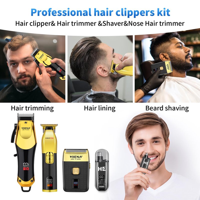 HIENA PRO Professional Hair Clipper Set, Cordless Barber Kit and Hair Cutting Set, Electric Foil Shavers and Beard Trimmers, Rechargeable Ear, Nose Hair Trimmer Set & Facial Grooming Tool