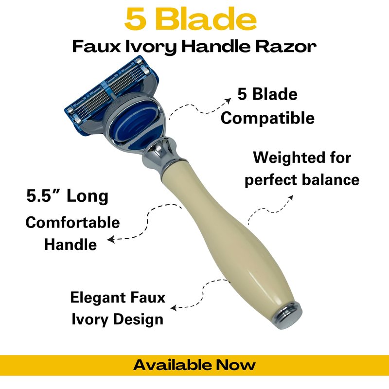 GENTS Fusion Compatible Razor Handle - Faux Ivory with Chrome Tip - 5 Blade Cartridge System - Men’s Shaving Handle