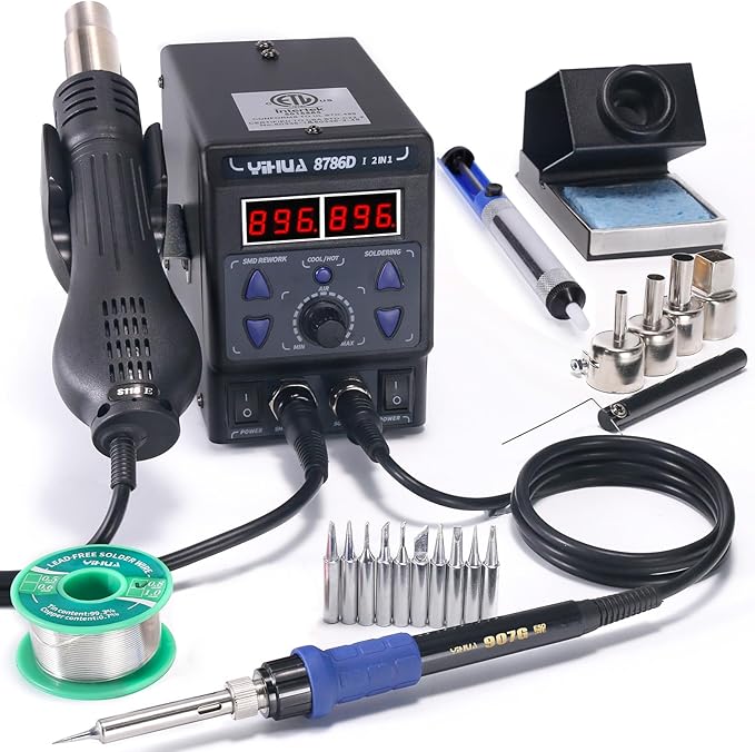 YIHUA 8786D I 2 in 1 Hot Air Rework and Soldering Iron Station with 10 Solder Iron Tips, 4 Hot Air Nozzles, °F /°C, Cool/Hot Air Conversion and Sleep Function