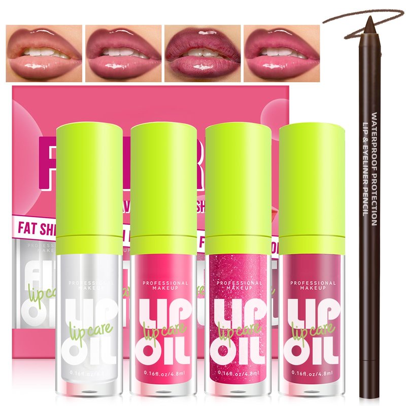 HOSAILY 4 Colors Hydrating Lip Oil Plumping + Lip Liner Set, Shiny Glow Reviver Lip Care Oil, Moisturizing Big Brush Head Clear Pink Glitter Transparent Lip Gloss Combo Makeup Present for Women
