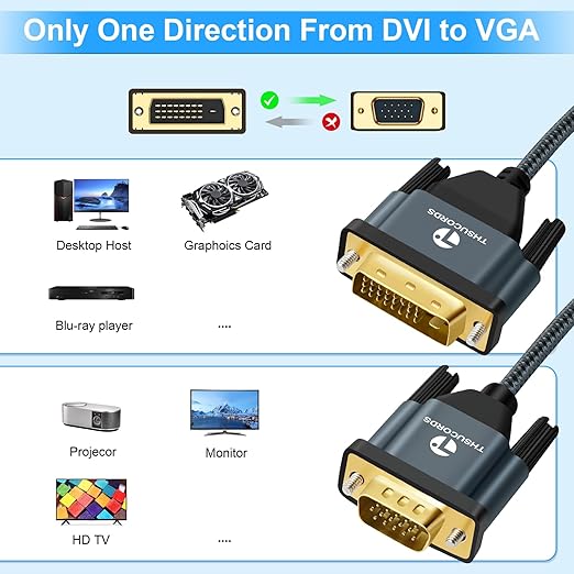 Thsucords DVI to VGA Cable 3.3FT, Uni-Directional DVI-D to VGA Adapter Male to Male Gold-Plated Braided 1080P Full HD Cord for HDTV, PC,Laptop, Monitor, Projector