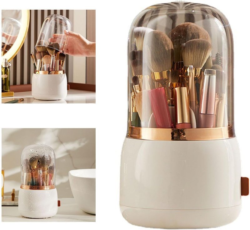 Makeup Brush Holder - 360° Rotating Makeup Organizer with Lid | White Storage Solution for Home